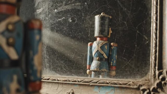 Vintage Nutcracker Soldier Reflection in Ornate Mirror.