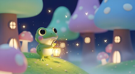 Naklejka premium A tiny cartoon frog holding a glowing crystal lantern while standing on a mossy pastel hill in a magical dream forest. 