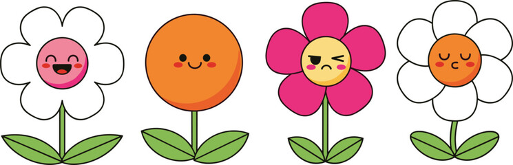 Cute cartoon flower characters with different facial expressions colorful flat vector illustration isolated on white background for children