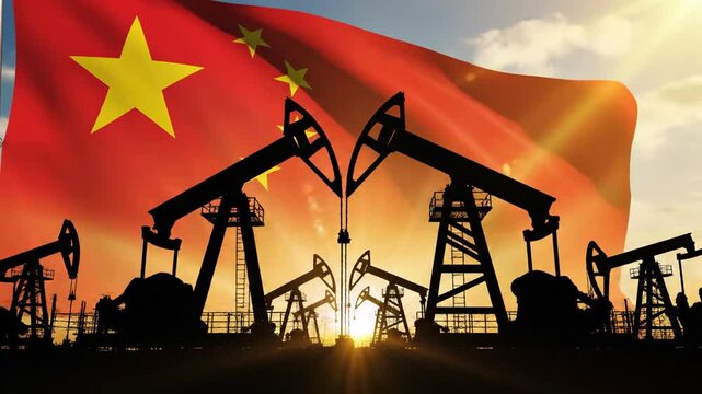 Cinematic Silhouette of Industrial Oil Pump Jacks Operating Against a Vibrant China National Flag Background Representing Petroleum Energy Industry and Economic Power in Slow Motion
