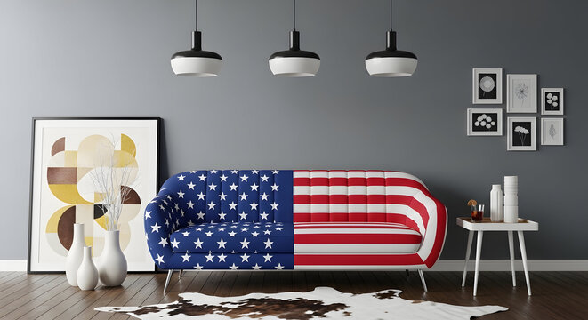 American flag bed in modern room with art and lighting