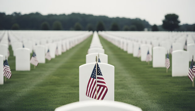 American military cemetery with white headstones and flags