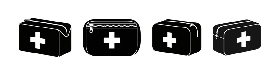 Fototapeta premium Set of medical first aid kit bags with a white cross emblem, presented from multiple distinct angles for diverse design applications