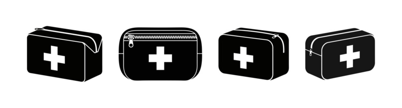 Set of medical first aid kit bags with a white cross emblem, presented from multiple distinct angles for diverse design applications