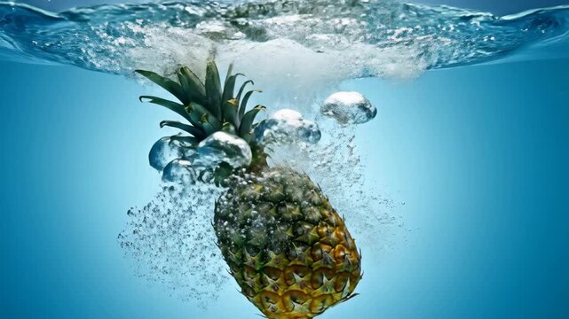 Pineapple Splash in Blue Water Extreme Close Up Slow Motion.