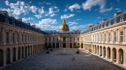 Naklejka premium Courtyard of the palais de justice in paris with a view of the golden dome under a dramatic blue sky