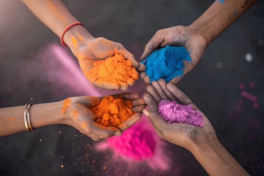 Hands joined together with vibrant colored powders in a display of unity and celebration