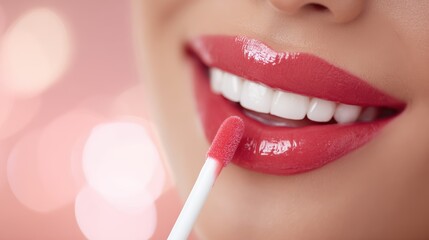 Naklejka premium Closeup of a woman applying glossy pink or red lip gloss with an applicator, showing a bright smile and white teeth against a soft, blurred pink background