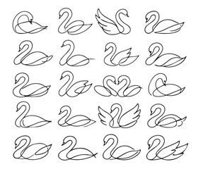 Elegant swan line art collection, minimalist continuous line drawing of graceful birds, luxury swan silhouettes set for logo, branding and wedding decor.