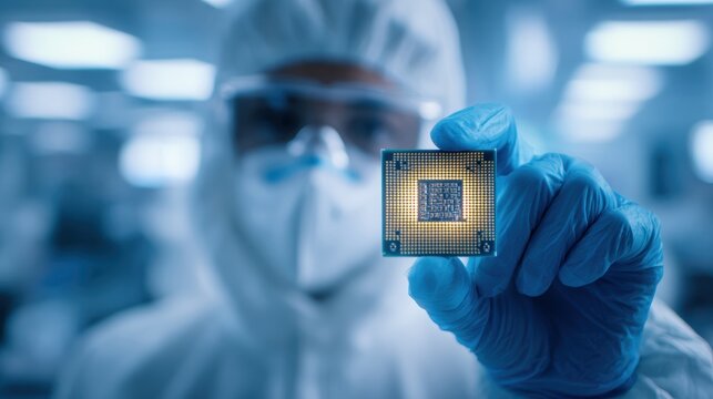 Scientist in cleanroom holding a microchip or cpu processor in gloved hand, focus on technology and semiconductor manufacturing