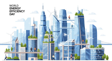 Illustration of a futuristic cityscape with green roofs and renewable energy solutions, celebrating World Energy Efficiency Day with a focus on sustainable energy use and eco-friendly © Fasuga