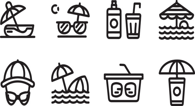 A collection of summer vacation icons representing various beach activities and items Vector