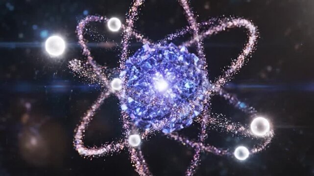 Vibrant glowing atomic structure with sparkling particles orbiting in space.