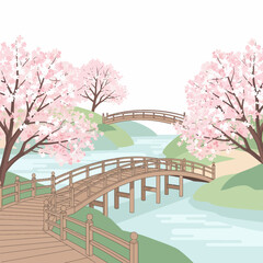 A serene Japanese landscape illustration featuring cherry blossom trees, two wooden arched bridges over a winding river, and gentle green hills.