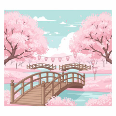 A beautiful illustration of a Japanese park with cherry blossom trees, traditional wooden bridges over a tranquil river, and decorative lanterns.
