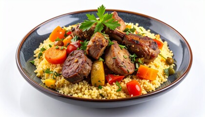 Fototapeta premium Traditional moroccan couscous plate with roasted meat and vegetables