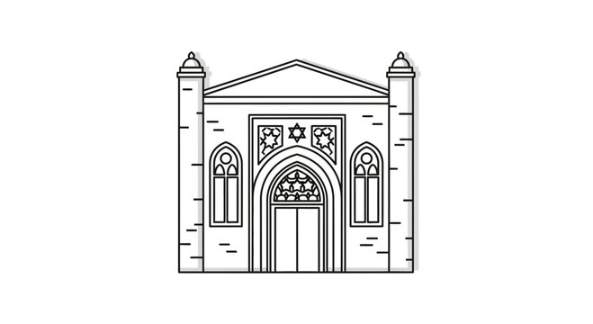 Synagogue building facade, Star of David, arched windows, minimalist line art
