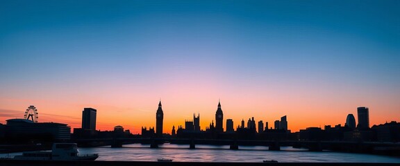 Fototapeta premium Iconic London skyline silhouette at sunset, sharp detail, view, dark