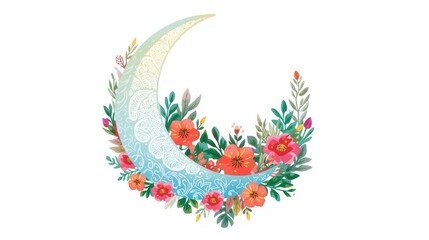 Obraz premium Elegant floral crescent wreath with vibrant flowers and delicate lace detailing