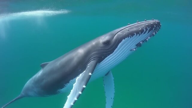 A large gray whale swims underwater with its mouth open and pectoral fins visible, surrounded by greenish-blue water and sunlight
