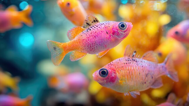Vibrant pink and orange glofish or genetically modified zebrafish swimming in an aquarium with blurred yellow and blue background