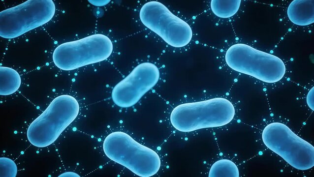 Abstract representation of Quorum Sensing, network of stylized bacteria emitting and receiving glowing signal molecules, coordinating behavior