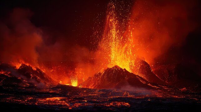 Dramatic eruption of a volcano spewing molten lava and ash into the dark night sky