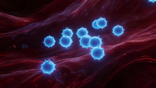 Conceptual visualization of Memory B-cells, a group of specialized, glowing blue B-cells circulating in a stylized bloodstream, representing the immune system's long-term memory and readiness