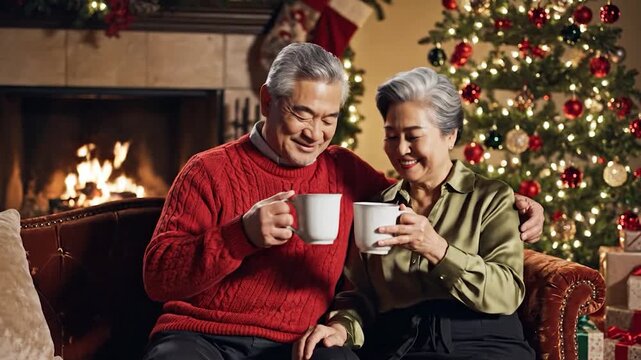 Happy senior Asian couple enjoying hot drinks by a Christmas tree