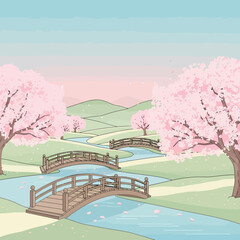 A serene landscape with cherry blossom trees, winding rivers, and wooden bridges under a soft pastel sky, evoking a peaceful spring scene.