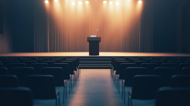 Empty conference stage with podium under spotlight lighting
