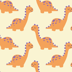 Seamless repeating pattern with cute orange dinosaurs in simple flat cartoon style on soft yellow pastel background. Perfect for kids fabric, wallpapers, packaging and decor. © Colomba Rossa