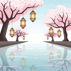 Serene illustration of cherry blossom trees with hanging lanterns reflected in calm water, evoking a peaceful East Asian spring scene.