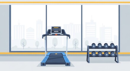 Modern Gym Interior with Treadmill and Dumbbell Rack