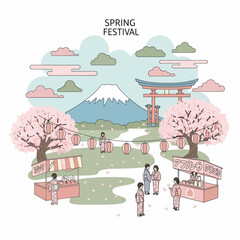 Japanese spring festival with cherry blossoms, Mount Fuji, torii gate, and people enjoying food stalls and lanterns.