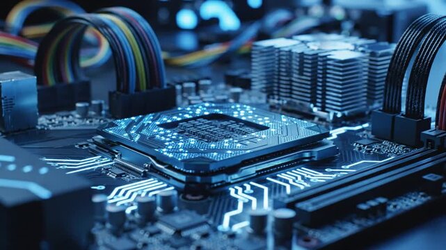 A close-up view of a computer motherboard with a central processor and colorful cables