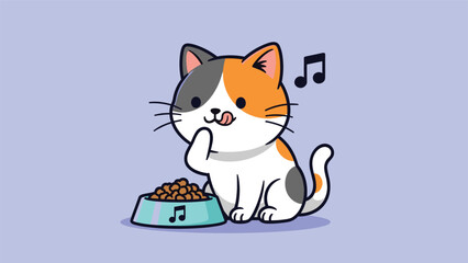 Fototapeta premium Cute cartoon calico cat licking its paw after eating from a bowl with a music note icon representing happiness and satisfaction.