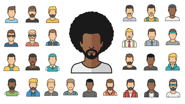 Large collection of diverse male avatar icons surrounding one central larger avatar with a dark afro hairstyle on white.