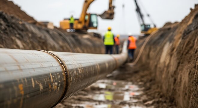 Large pipe laid in trench with workers and excavators at construction site.