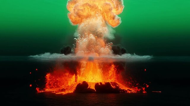 Dramatic volcanic eruption in dark landscape with fiery explosion and smoke