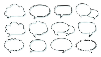 Obraz premium Assortment of hand drawn speech bubble icons in various shapes including clouds and ovals with subtle drop shadows.