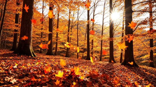 A forest scene with vibrant orange and yellow leaves on trees and the ground, sun shining through