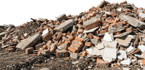 A large pile of broken construction debris including bricks concrete and plasterboard fragments scattered across the ground rubble demolition waste material building destruction