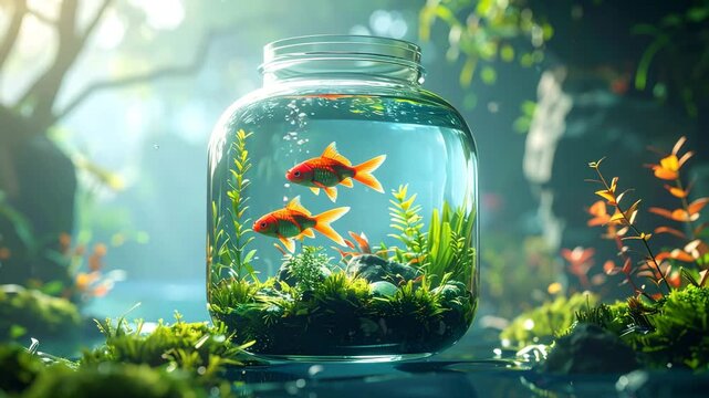 Two goldfish in a glass jar, surrounded by lush underwater plants
