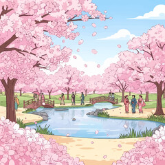 A beautiful illustration of a Japanese garden in spring, featuring cherry blossom trees, a tranquil pond with bridges, and people in traditional attire enjoying the scenery under a clear blue sky.