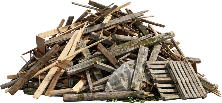 A large pile of assorted wooden debris including broken planks logs and wooden pallets some showing signs of age and moss growth wood scraps lumber timber old wood weathered wood