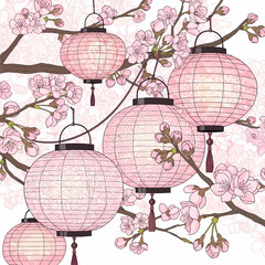 Pink paper lanterns hanging from cherry blossom branches, creating a beautiful and serene Asian-inspired scene.