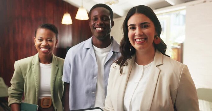 Face, smile and business people in office, documents for publication schedule and about us. Employees, copywriting or journalist in meeting for planning, paperwork for news report review or happiness