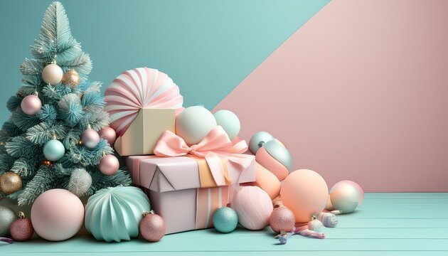 Christmas Tree Pastel Colors Decorations With Candys And Gift