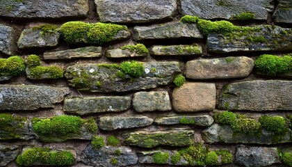 Rustic Stone Wall Texture With Grout And Green Moss Accents